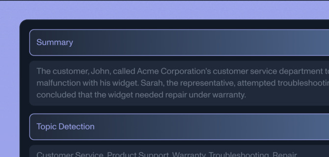 An illustration of the AssemblyAI playground showcasing the Audio Intelligence feature. Theres a heading "Summary" and a paragraph to show the output of the model. There's also a heading "Topic Detection" followed by an output.